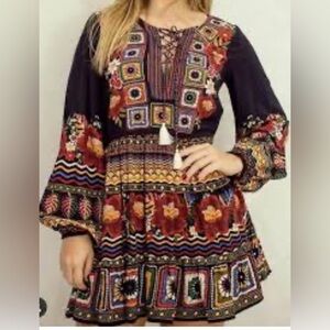 FARM Rio Multicolor Patchwork Long Sleeve Dress